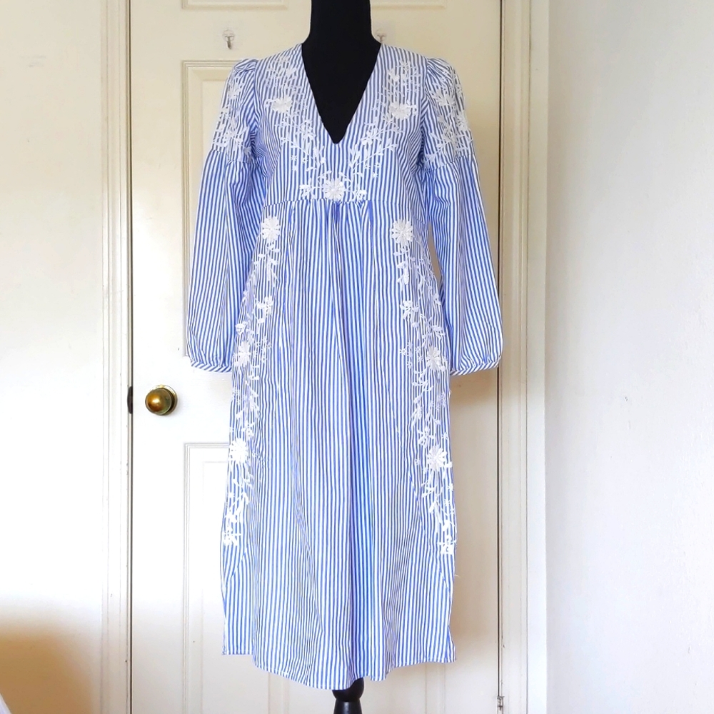 NWOT. Zara Long Sleeve V-Neck Midi Dress with Stripes and Floral Embroidery.